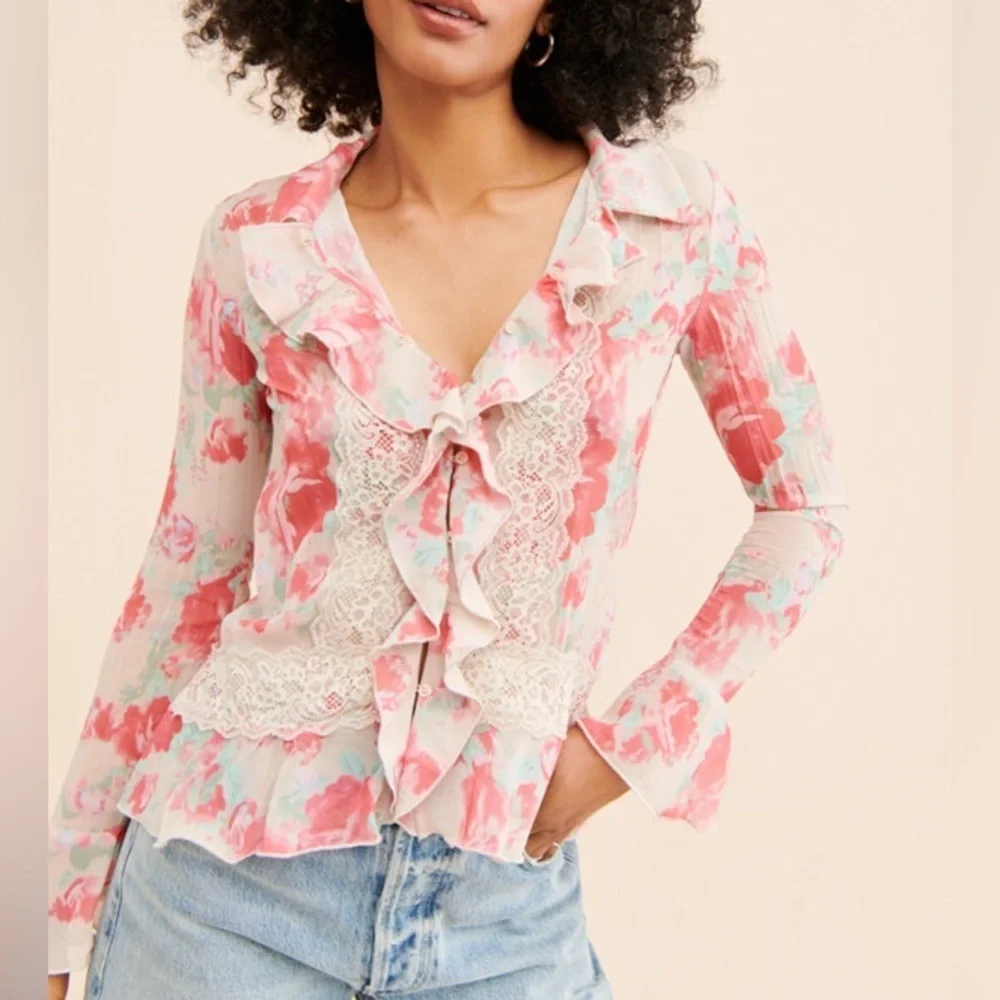 Free People Pink Floral Ruffled Lace Peasant Blouse